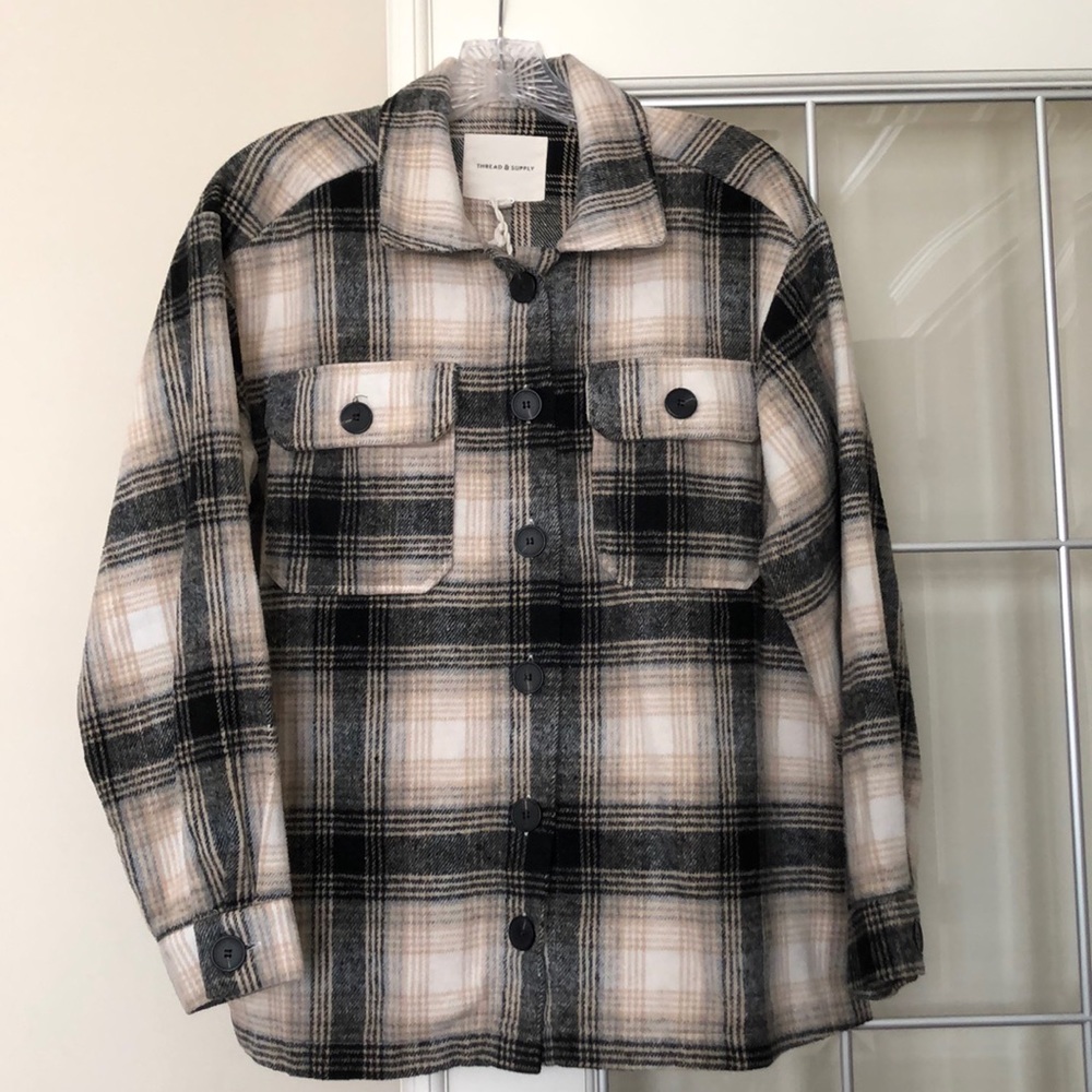 THREAD & SUPPLY  FLANNEL SHACKET Tan/Ivory/Black in Sz. X-Small 🤍🖤🤎